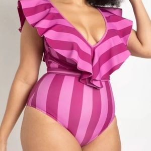 Eloquii ruffle shoulder 1-piece swimsuit with belt, pink stripes, size 22